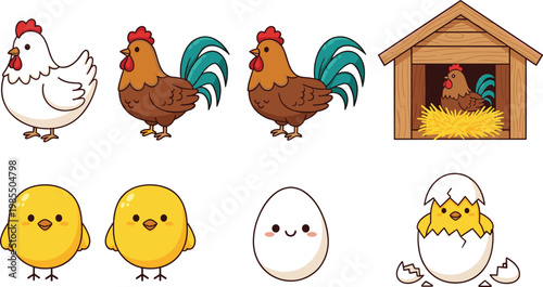 Chicken and Chick Cartoon Illustration Set with Hen, Rooster, Eggs, and Farm Elements for Kids Design, Agriculture Themes, and Animal Clipart