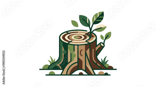 Tree Stump with Green Leaves Growing.