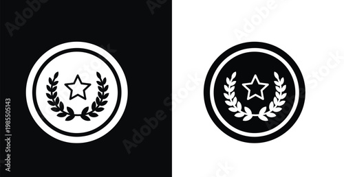 A black and white illustration of two circular award badges with stars and laurel wreaths on a contrasting background