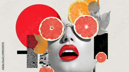 Wallpaper Mural Female face with grapefruit slice glasses and red lips, summer vacation mood, modern collage  Torontodigital.ca