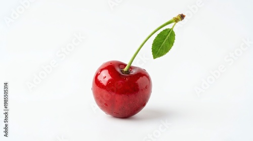 A single vibrant red cherry with a green stem and leaf against a crisp white background.