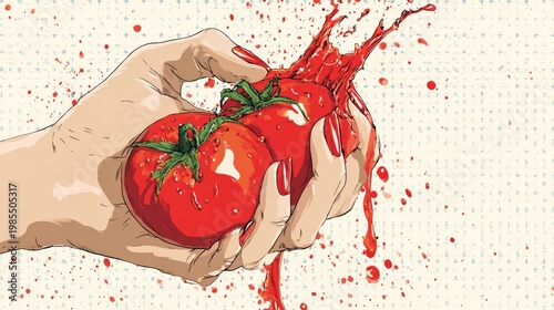 Wallpaper Mural Fresh vegetables concept, female hand squeezing tomato with juice splashes in air, white background, pop art surreal style  Torontodigital.ca
