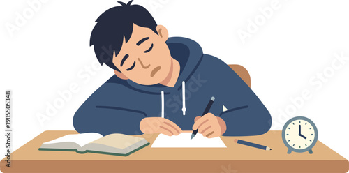 A young man studies hard at a desk with a book and clock