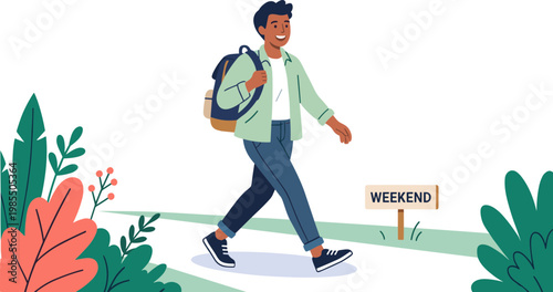 Man walks down a path towards the weekend with a backpack on.
