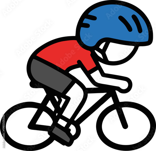 Cyclist Riding a Bicycle Wearing a Blue Helmet and Red Shirt Minimalist Illustration