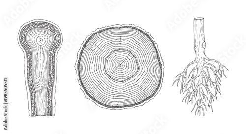 Botanical of tree cross section trunk and roots