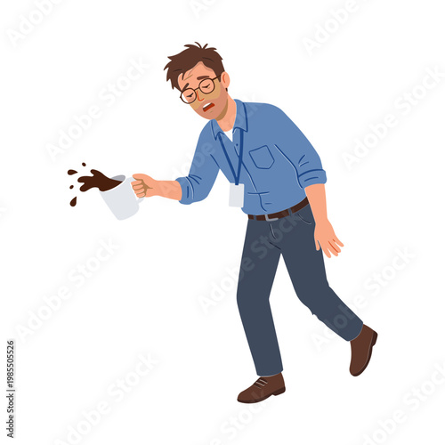 Man spills coffee while walking quickly in office environment