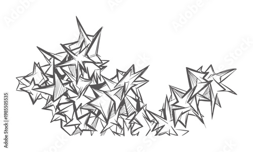 Chaotic cluster of sharp angular starburst shapes in dark gray abstract