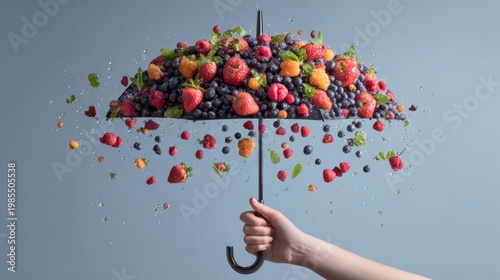 Wallpaper Mural Hand holding umbrella with berry rain, fresh food concept, modern surreal collage, copy space Torontodigital.ca