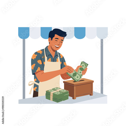 A smiling man counting money at an outdoor market stall.