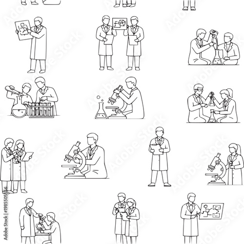 vintage scientist and monk illustrations set in laboratory and monastery historical line art