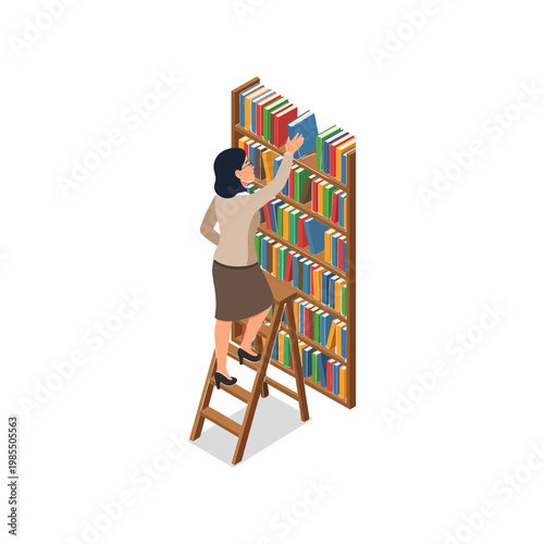 Woman on ladder reaches for book on tall shelf in library