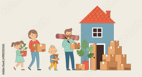 Cartoon family moving into new house with boxes potted plant and rug illustration in soft pastel colors for relocation theme