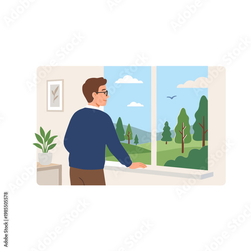 Man looking out window at green landscape with trees and bird flying