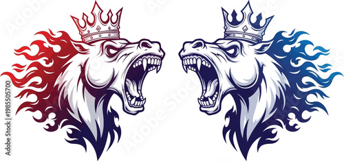 Two crowned roaring horse heads with fiery manes, one red and one blue, facing each other in a powerful and aggressive stance.