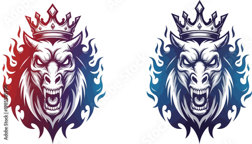 A fierce crowned beast head with an open mouth and sharp teeth, surrounded by flames, depicted in a gradient of red and blue.