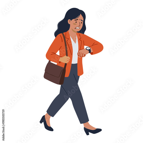 Businesswoman wearing an orange jacket walks quickly while checking her watch