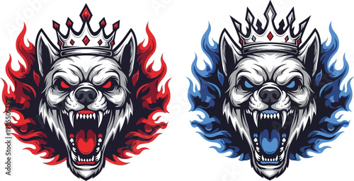 Two fierce crowned wolf heads with bared fangs, one surrounded by red flames and the other by blue flames, in a striking vector illustration style.
