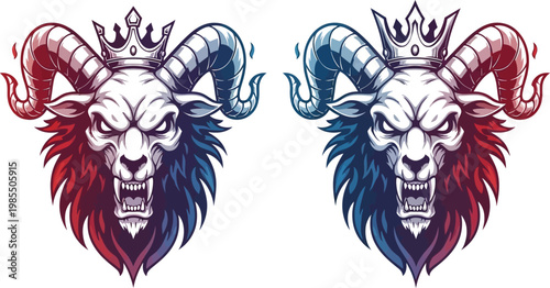 Two identical aggressive crowned ram heads with red and blue fur and horns, facing forward with fierce expressions.