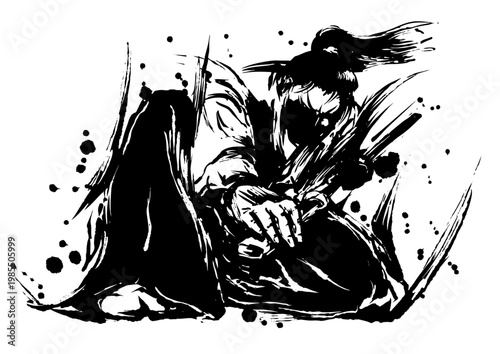 Samurai Iaido Scene – Japanese Sumi-e Ink Illustration