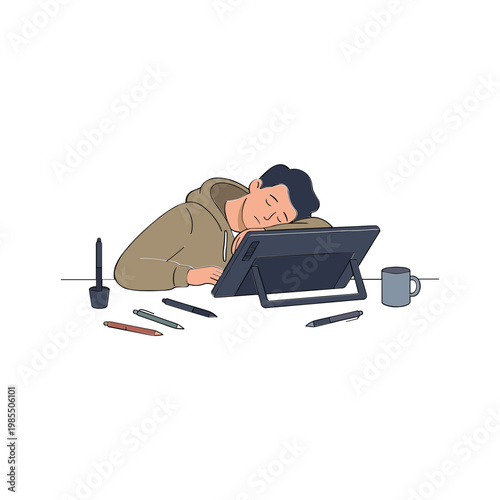A man sleeps on a desk next to a digital drawing tablet and pens.