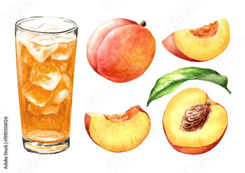 Glass of ice tea and ripe fresh peache set. Hand drawn watercolor illustration isolated on white background