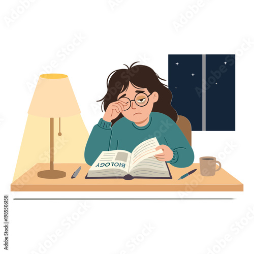 A woman studies late at night with a lamp on her desk