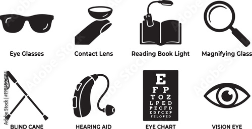 Vision aids, eye care icons, accessibility symbols, assistive technology graphics, black and white illustrations