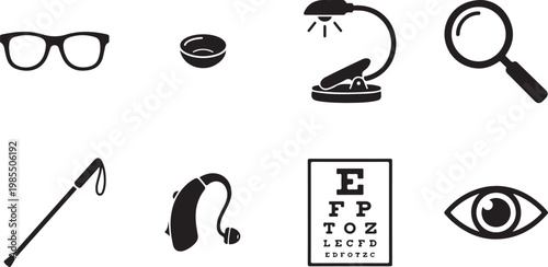 eye care, optometry icons, vision test, ophthalmology symbols, medical signs