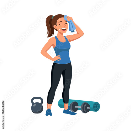 Woman exercising with dumbbells and yoga mat in gym setting happily