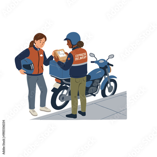 Delivery person hands package to woman standing beside motorcycle on sidewalk