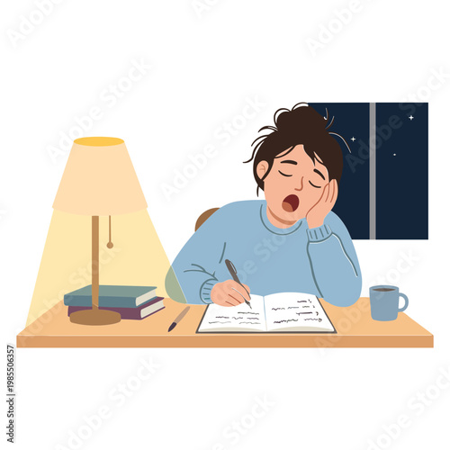 A woman studying at a desk falls asleep while writing in a book under a lamp at night.