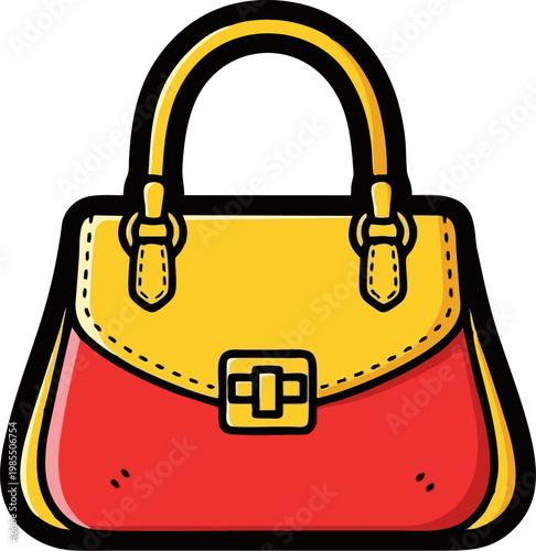 Handbag Illustration of a Stylish Red and Yellow Purse with a Top Handle and Clasp