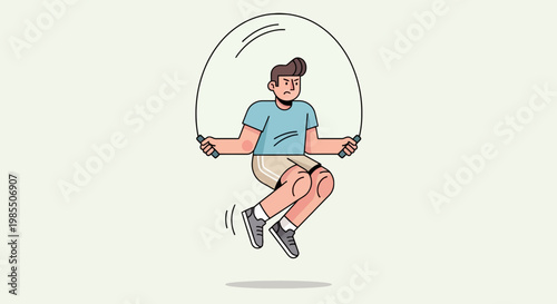 Cartoon man doing jump rope exercise; athletic guy jumping with rope; vector illustration; healthy lifestyle activity; workout training
