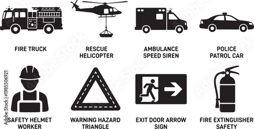 Emergency Response Icons, Safety Symbols, Warning Signs, Rescue Vehicles