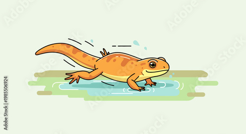 Cartoon newt swimming in a pond illustration cute orange amphibian with black outline stylized animal in bright color on water