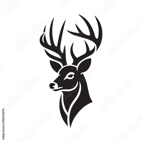 Stag deer head vector illustration, elegant buck with antlers silhouette, minimalist black and white wildlife animal logo design.