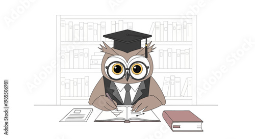 Cartoon owl wearing mortarboard cap and suit writing in notebook at desk in library illustration; learning and education concept