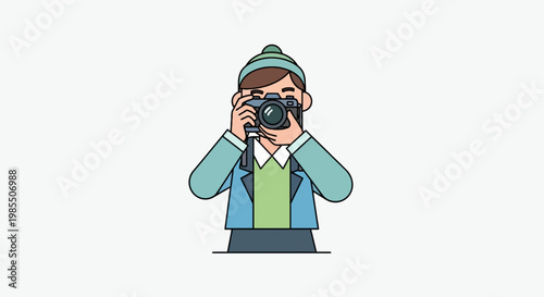 Cartoon photographer taking a picture with a camera wearing a hat and coat front view isolated on white for design and creative projects