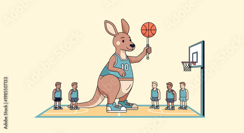 Cartoon style basketball match featuring giant kangaroo wearing jersey holding ball with players near hoop on court