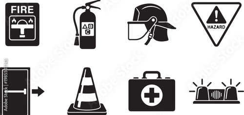 Emergency response icons, safety symbols, warning signs, industrial safety, hazard alert, vector graphics