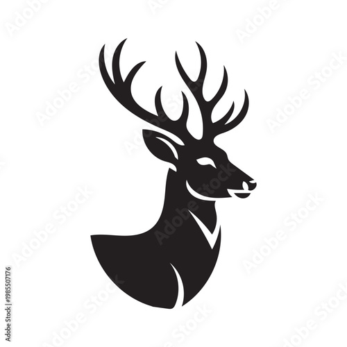 Silhouette of a majestic deer head with antlers, minimalist vector illustration for logo or branding.