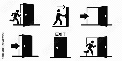 Set of green emergency exit signs with running man icons  arrows  and exit text  showing safe evacuation routes and directions. Ideal for fire safety plans  public buildings  offices  hospitals  malls