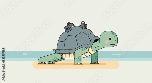 Cartoon turtle doing push-ups with weights on its shell fitness workout in simple flat vector style on beach sand with blue sea
