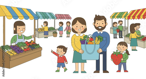 Cheerful family shopping for fruits and vegetables at a colorful outdoor farmer's market illustration with fresh produce stands