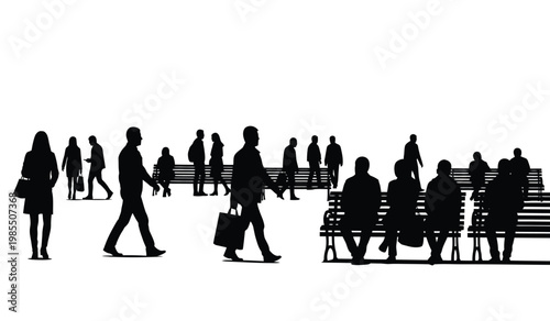 A group of people are shown walking standing and sitting on benches in a public space illustrated as a silhouette high quality professional detailed