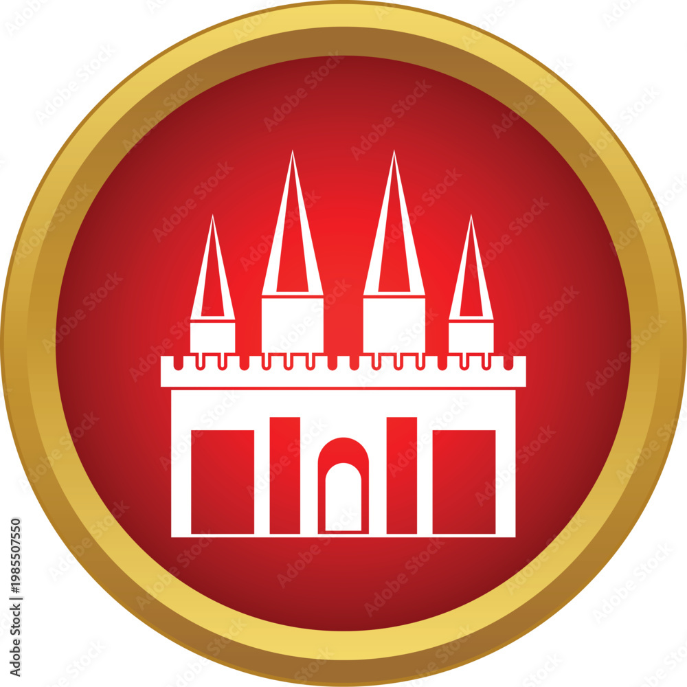 Fototapeta premium Castle icon showcasing medieval fortress architecture inside a red circle with gold border