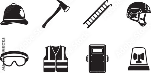 Construction icons, safety symbols, industrial tools, black vector set