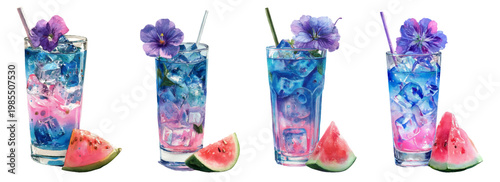 Refreshing watercolor illustration of four tall pink blue iced drinks with straws and purple flowers, paired with vibrant watermelon wedges for a cool summer vibe