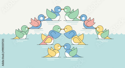 Cute birds forming a circle on water in pastel colors vector illustration with minimalist design; avian love and harmony for nature themed graphics